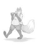 2024 anthro barefoot biped bottomwear caleb_(foxcall) canid canine clothed clothing digital_drawing_(artwork) digital_media_(artwork) eating feet fluffy fluffy_tail food fox head_tuft hi_res holding_food holding_object looking_at_food looking_at_object male mammal monochrome nicnak044 overweight pawpads pizza pizza_slice shirt shorts signature sketch solo tail three-quarter_view topwear tuft walking