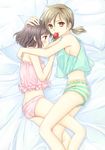  ass bed_sheet breasts brown_eyes brown_hair camisole food fruit hand_on_another's_head joshi_kousei leg_between_thighs lying medium_breasts mouth_hold multiple_girls on_side ooshima_towa panties pillow short_hair shorts sideboob strawberry striped striped_shorts suzuki_momoka suzuki_yuma twintails underwear yuri 