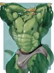 2023 anthro big_bulge big_muscles bodily_fluids briefs bulge clothed clothing dragon green_body green_nipples green_scales grin hands_behind_head hi_res horn huge_bulge huge_muscles looking_at_viewer male muscular muscular_anthro muscular_male mythological_creature mythological_scalie mythology nipples oldshep pose scales scalie simple_background smile solo standing sweat topless underwear underwear_only yellow_eyes