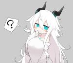  1girl ? aqua_eyes aqua_nails black_horns blush breasts commentary_request expressionless grey_background hair_between_eyes hand_up horns huge_breasts kisaragi_kaya long_hair long_sleeves original parted_lips shirt simple_background single_bare_shoulder sleeves_past_wrists solo speech_bubble spoken_question_mark syrgoth_(kisaragi_kaya) unkempt very_long_hair white_hair white_shirt 