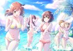  5girls absurdres beach bikini blonde_hair breasts brown_eyes brown_hair character_request closed_eyes day floral_print frilled_bikini frills front-tie_bikini_top front-tie_top hibike!_euphonium highres large_breasts long_hair looking_at_another multiple_girls navel ocean one-piece_swimsuit one_eye_closed outdoors partially_submerged plaid plaid_bikini polka_dot print_bikini purple_eyes purple_hair short_hair side-tie_bikini_bottom small_breasts smile splashing standing string_bikini swimsuit txbbxb white_bikini white_one-piece_swimsuit yellow_eyes 