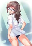  ass back blue_eyes brown_hair competition_swimsuit dress_shirt e20 glasses houzumi_satsuki long_hair looking_back one-piece_swimsuit original shirt smile solo swimsuit 