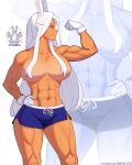  1girl abs absurdres animal_ears arm_up biceps blue_shorts boku_no_hero_academia breasts clenched_hand collarbone dark-skinned_female dark_skin dolphin_shorts english_commentary english_text flexing hair_over_breasts hand_on_own_hip highres large_breasts long_eyelashes long_hair looking_to_the_side mirko muscular muscular_female navel parted_bangs parted_lips patreon_username rabbit rabbit_ears rabbit_girl red_eyes satelyte shorts smile solo speech_bubble stomach thick_thighs thighs topless very_long_hair white_hair zoom_layer 