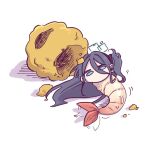  1girl animalization aris_(blue_archive) black_hair blue_archive blue_eyes blue_halo food hair_between_eyes halo kaming3698 korean_commentary long_hair no_mouth shrimp simple_background tempura white_background 