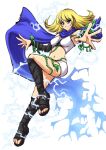  1girl blonde_hair blue_eyes blue_scarf breasts electricity full_body kid_icarus kid_icarus_uprising looking_at_viewer mazume midriff navel phosphora scarf shorts solo white_background white_shorts 