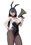  1girl alternate_costume animal_ears bare_shoulders black_bow black_bowtie black_hair black_leotard black_pantyhose blush bow bowtie breasts cero_(last2stage) cleavage collarbone commentary commission covered_navel cowboy_shot detached_collar english_commentary fake_animal_ears girls&#039;_frontline hand_on_own_hip heterochromia highleg highleg_leotard highres holding large_breasts leotard long_hair multicolored_hair pantyhose parted_lips playboy_bunny rabbit_ears red_eyes ro635_(girls&#039;_frontline) simple_background smile solo streaked_hair thighs white_background white_hair wrist_cuffs yellow_eyes 