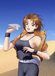  belt_pouch bodysuit brown_eyes brown_hair choker day desert fanny_pack highres jacket lipstick looking_at_viewer makeup open_mouth original paper_airplane pouch short_hair sky wristband yui_toshiki 