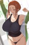  1girl absurdres arm_up armpits black_panties black_tank_top blurry blurry_background blush breasts brown_hair collarbone commentary covered_nipples curtains day forehead half-closed_eye hand_up highres huge_breasts kaii_to_otome_to_kamigakushi looking_ahead micchan_(micchanmeido) navel no_pants ogawa_sumireko one_eye_closed open_clothes open_mouth panties solo steaming_body sweat tank_top thick_eyebrows thighs underwear 