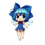  1girl blue_eyes blue_hair bow chibi cirno dress hair_bow ice ice_wings kinakomoti lowres open_mouth short_hair solo touhou white_background wings 