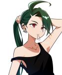  androgynous antenna_hair black_tank_top bright_pupils collarbone ear_piercing earrings genjitsu_o_miro green_hair hair_tie highres jewelry off_shoulder piercing pokemon pokemon_sv ponytail red_eyes rika_(pokemon) simple_background tank_top upper_body white_background white_pupils 