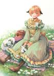  1girl alternate_costume blonde_hair blush blush_stickers boots brown_footwear collared_dress dress fate/grand_order fate_(series) flower frilled_dress frills gareth_(fate) green_dress green_eyes hair_flaps hat holding holding_flower long_sleeves looking_at_viewer multicolored_clothes multicolored_dress open_mouth picnic picnic_basket short_hair shuiqin sitting smile solo two-tone_dress unworn_headwear yellow_dress 