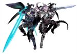  2boys absurdres armor balmung_(fate/apocrypha) black_gloves black_hair black_pants black_shirt boots cape dragon_horns dragon_tail fate/grand_order fate_(series) full_body gauntlets glasses gloves gram_(fate) grey_hair highres holding holding_sword holding_weapon horns long_hair male_focus miwa_shirow multiple_boys pants purple_cape reverse_grip shirt siegfried_(fate) sigurd_(fate) simple_background sword symmetry tail weapon white_background 