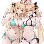  2girls animal_ear_fluff animal_ears arm_up armpit_crease bare_shoulders blonde_hair blush bow breasts carrot_hair_ornament collarbone covered_navel detached_sleeves food-themed_hair_ornament gompang_11 grin hair_bow hair_intakes hair_ornament head_tilt highres large_breasts leotard long_hair multiple_girls one_eye_closed original rabbit_ears rabbit_girl simple_background smile solo twintails upper_body v very_long_hair white_background white_leotard yellow_eyes 