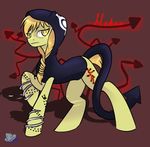  blonde_hair clothing crossover cutie_mark english_text equine female feral friendship_is_magic hair hoodie horse kikiluv17 looking_at_viewer mammal medusa_gorgon my_little_pony plain_background ponification pony solo soul_eater text yellow_eyes 