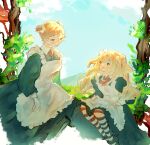  2girls absurdres age_difference apron breasts flesh_blood_&amp;_concrete frown highres iroiroi000 large_breasts long_hair maid multiple_girls nika_(flesh_blood_&amp;_concrete) outdoors short_hair sitting sky smile tree two_side_up 