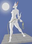  2022 4_toes 5_fingers albino anthro athletic athletic_anthro athletic_female biped blue_background breasts butt canid canine canis claws dominant dominant_female ear_piercing ear_ring executioner feet female femme_fatale fingers full-length_portrait grin hi_res hraath imminent_execution imminent_hanging jackal looking_at_viewer mammal medium_breasts moon nipples noose nude_anthro nude_female nuit_(anapnea) peril piercing pink_nose portrait red_eyes red_sclera ring_piercing scar simple_background smile snout solo tail tiptoes toe_claws toes 