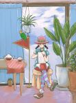  aomushimm bird blush_stickers cactus child closed_mouth crossed_legs cup curtains full_body hat highres holding indoors looking_at_viewer miss_goldenweek one_piece parrot plant potted_plant shoes short_sleeves sitting sky sneakers twintails 