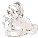  1girl ai-generated_art_(topic) ai_drawing_anime_characters_eating_ramen_(meme) bow bowl eating food hair_behind_ear hair_bow holding holding_food looking_down meme monochrome noodles original parted_bangs polyurethane_(artist) ponytail ramen shirt short_sleeves solo sound_effects steam 