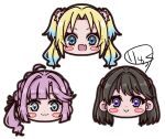  3girls :3 :d ahoge anyoji_hime aozora_ryukku black_ribbon blonde_hair blue_eyes blue_hair blunt_bangs blush_stickers brown_hair c: chibi chibi_only closed_mouth commentary_request fang flower fujishima_megumi gradient_hair hair_flower hair_intakes hair_ornament hair_ribbon light_blue_hair link!_like!_love_live! long_hair looking_at_viewer love_live! mira-cra_park! multi-tied_hair multicolored_hair multiple_girls open_mouth osawa_rurino parted_bangs pink_flower pink_hair ponytail purple_eyes ribbon sidelocks signature skin_fang smile swept_bangs thick_outlines twintails two_side_up virtual_youtuber white_background white_flower 