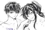  1boy alternate_hair_length alternate_hairstyle bare_shoulders collarbone commentary_request earrings hand_up hashibira_inosuke head_rest head_tilt highres jewelry kimetsu_no_yaiba long_hair looking_at_viewer male_focus monochrome multiple_views off_shoulder parted_lips ponytail portrait short_hair sidelocks signature simple_background sky_blue_025250 sparkle tooth_earrings 