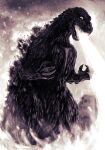  absurdres akito1218 attack building fire giant giant_monster godzilla godzilla_(series) greyscale highres kaijuu monochrome mouth_beam no_humans outdoors spines 