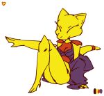 abra anthro bra breasts cleavage clothed clothing crossed_legs eyelashes eyes_closed female generation_1_pokemon heartear18 modelling multicolored_body nintendo partially_clothed pokemon pokemon_(species) sitting smile solo tail two_tone_body underwear yellow_body