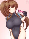  1girl alternate_costume artist_logo black_dress blue_jacket blush breasts brown_eyes brown_hair china_dress chinese_clothes cowboy_shot dated dress folded_fan folding_fan gradient_background hand_fan holding holding_fan jacket kanon_(kurogane_knights) kantai_collection large_breasts long_hair looking_at_viewer one-hour_drawing_challenge pink_background ponytail short_sleeves smile solo very_long_hair yamato_(kancolle) 