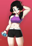  1girl abs black_hair black_shorts blush breasts cleavage dragon_ball dragon_ball_z echo_saber highres long_hair midriff muscular open_mouth purple_sports_bra shorts smile solo sports_bra videl 