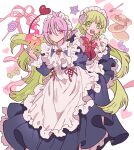  1boy 1girl apron ascot asmodeus_alice bad_id bad_pixiv_id blue_dress candy collared_dress crossdressing curled_horns demon_boy demon_girl dress feet_out_of_frame fire food fork frilled_apron frilled_dress frilled_sleeves frills green_eyes green_hair hand_to_own_mouth hand_up heart highres horns juliet_sleeves lollipop long_hair long_sleeves looking_at_viewer maid mairimashita!_iruma-kun male_maid meremero open_mouth pancake pancake_stack pink_eyes pink_hair pointy_ears puffy_sleeves red_nails red_ribbon ribbon sharp_teeth smile standing swirl_lollipop teeth valac_clara white_apron white_ascot 