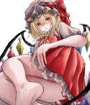  1girl artist_request ascot ass ass_focus bad_id bad_twitter_id bare_legs barefoot blonde_hair blush breasts crystal double-parted_bangs embarrassed eyes_visible_through_hair flandre_scarlet foot_out_of_frame frills hair_between_eyes hat looking_at_viewer lying medium_breasts mob_cap on_side petticoat pleated_skirt pointy_ears puffy_short_sleeves puffy_sleeves red_eyes red_skirt red_vest short_sleeves simple_background skirt soles solo touhou vest white_background wings yellow_ascot 