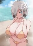  1girl arms_behind_back bare_arms beach bikini blue_eyes blue_sky blunt_ends breasts cleavage closed_mouth cloud collarbone covered_nipples day flower grey_hair hair_flower hair_ornament hair_over_one_eye hamakaze_(kancolle) highres horizon huge_breasts jema kantai_collection looking_at_viewer navel orange_hair outdoors palm_tree plump short_hair side-tie_bikini_bottom sky smile solo standing swimsuit tree white_flower 
