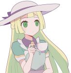  1girl 343rone blonde_hair closed_mouth commentary_request cup dress eyelashes green_dress green_eyes hat holding holding_cup lillie_(pokemon) lillie_(special_costume)_(pokemon) long_hair looking_to_the_side official_alternate_costume pokemon pokemon_masters_ex short_sleeves solo teacup upper_body white_hat 