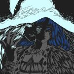  00osamio00 1girl black_background blue_eyes blue_hair cape cloak cracked_skin dress elden_ring extra_faces fur_cape fur_cloak hat highres jewelry large_hat long_hair looking_at_viewer one_eye_closed ranni_the_witch ring simple_background witch witch_hat 