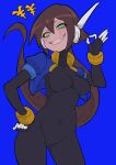  1girl absurdres aile_(mega_man_zx) arm_under_breasts black_bodysuit blue_background blue_jacket blush bodysuit bodysuit_under_clothes breasts brown_hair buzzlyears commentary covered_collarbone covered_navel cropped_jacket glowing green_eyes grin hand_on_own_hip highres jacket large_breasts long_hair looking_at_viewer mega_man_(series) mega_man_zx mega_man_zx_advent money_gesture no_pants open_clothes open_jacket ponytail robot_ears simple_background smile smirk smug solo teeth yen_sign 