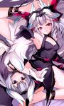  2girls absurdres armpits bare_shoulders black_choker black_dress black_gloves black_hair breasts chain choker cleavage dark_persona dress dual_persona fake_horns fire_emblem fire_emblem_engage fire_emblem_heroes gloves grey_hair highres horns long_hair looking_at_viewer multicolored_hair multiple_girls official_alternate_costume purple_eyes reaching reaching_towards_viewer red_eyes sleeveless sleeveless_dress small_breasts smile t_hei_(user_uxky7438) two-tone_hair very_long_hair veyle_(fell_successor)_(fire_emblem) veyle_(fire_emblem) white_dress white_gloves wing_hair_ornament 