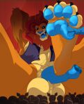  4_toes anthro between_toes black_sclera blue_pawpads blue_penis bow_tie claws clothing crotch_fur fangs feet felid foreskin genitals hi_res lion lloydford_l._lion male mammal mane pantherine pawpads paws penis raised_arm raised_paw solo teeth toe_claws toes topwear vein veiny_penis vest weskers wrinkled_feet wrinkles 