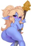 anus big_butt blonde_hair blue_body blue_fur blush breasts butt eyelashes female fur genitals hair hi_res humanoid humanoid_pointy_ears idler_r league_of_legends long_hair looking_back nude pigtails poppy_(lol) purple_eyes pussy rear_view riot_games short_stack simple_background solo tencent thick_thighs twintails_(hairstyle) white_background wide_hips yordle