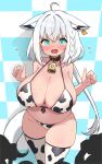 1girl @_@ ahoge alternate_costume animal_collar animal_ear_fluff animal_ears animal_print areola_slip armpit_crease bell bikini black_collar blue_eyes blush braid breasts collar commentary_request cow_print cow_print_bikini cow_print_thighhighs cowbell cowboy_shot crossed_bangs dot_nose ear_tag embarrassed flying_sweatdrops fox_ears fox_girl fox_tail front-tie_bikini_top front-tie_top hair_between_eyes halterneck hands_up highres hololive huge_breasts kani_bonara legs_together long_hair looking_at_viewer low_ponytail neck_bell open_mouth paid_reward_available print_bikini print_thighhighs shirakami_fubuki side_braid single_braid skindentation solo solo_focus standing string_bikini sweat swimsuit tail thick_thighs thighhighs thighs very_long_hair virtual_youtuber white_hair wide-eyed wide_hips 