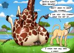  2023 ahadi_(squashedflat) artist_logo big_butt blossonflower butt butt_smother cloud english_text felid feral giraffe giraffid grass group hi_res hyena lion logo mammal outside pantherine plant quadruped sefira_(squashedflat) size_difference sky smothering spotted_hyena standing text trio water 