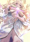  1girl blonde_hair blue_eyes blush breasts breasts_out crown_(naked_king)_(nikke) crown_(nikke) disembodied_hand drill_hair goddess_of_victory:_nikke ikuchan_kaoru large_breasts long_hair looking_at_viewer multiple_hands naked_robe navel nipples parted_lips robe solo thighs 