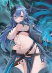 1girl absurdres azur_lane black_coat blue_eyes blue_hair blush breasts coat dress hair_between_eyes highres horns kanesada_dp large_breasts long_hair looking_at_viewer mary_celeste_(azur_lane) navel pointy_ears revealing_clothes solo stomach tentacles torn_clothes underboob 