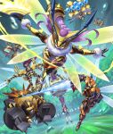  1boy 1girl antennae armor bee black_armor black_bodysuit black_hair blonde_hair blue_jacket blurry blurry_foreground bodysuit breasts bug cannon cannonbeemon collared_shirt cyborg digimon digimon_(creature) digimon_(virtual_pet) digimon_card_game digimon_liberator dual_wielding energy_blade energy_sword evolutionary_line forest forgebeemon funbeemon fur_trim grass green-framed_eyewear green_eyes hand_fan hand_in_pocket holding holding_fan holding_polearm holding_sword holding_weapon hood hood_up hooded_jacket incoming_attack insect_wings jacket kazuki_seihou lance large_breasts leotard long_hair mask mechanical_arms motion_lines multicolored_hair multiple_wings nature non-humanoid_robot official_art one_eye_closed open_mouth polearm purple_hair queenbeemon red_scarf robot robot_animal scarf semi-rimless_eyewear shirt streaked_hair striped_clothes striped_leotard sword tigervespamon trait_connection two-tone_hair under-rim_eyewear vespamon wasp waspmon water_drop weapon wings winr_(digimon) yellow_armor yellow_shirt 