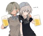  ... 2girls alcohol beer beer_mug black_shirt blush closed_mouth collared_shirt commentary cup dotty-44 earrings girls_band_cry grey_hair grey_sweater_vest hair_between_eyes hand_on_another&#039;s_shoulder highres holding holding_cup jewelry kawaragi_momoka long_hair long_hair_between_eyes mole mole_under_eye mug multicolored_hair multiple_girls plaid plaid_shirt roots_(hair) rupa_(girls_band_cry) shirt short_hair short_sleeves simple_background smile sweater_vest symbol-only_commentary white_background white_shirt yellow_eyes 