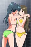  bikini brown_eyes brown_hair cap_(dkdm-d) green_bikini green_hair hug long_hair multiple_girls ponytail saegusa_wakaba shinomiya_himawari swimsuit vividred_operation yellow_bikini yuri 