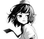  1girl collared_shirt commentary_request empty_eyes hat highres juliet_sleeves long_sleeves monochrome necktie parted_lips peroponesosu. pointy_ears puffy_sleeves shameimaru_aya shirt solo tokin_hat touhou upper_body wind 