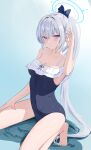  1girl absurdres bare_arms bare_legs bare_shoulders barefoot black_one-piece_swimsuit blue_archive blue_halo blush breasts casual_one-piece_swimsuit closed_mouth collarbone frilled_one-piece_swimsuit frills grey_hair hair_between_eyes halo highres long_hair looking_at_viewer miyako_(blue_archive) miyako_(swimsuit)_(blue_archive) official_alternate_costume official_alternate_hairstyle one-piece_swimsuit pharmarr ponytail purple_eyes small_breasts solo swimsuit 