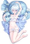  1girl @_@ arm_up armpits blue_eyes blue_nails blue_shirt blush breasts collarbone from_above full_body furina_(genshin_impact) genshin_impact gloves heterochromia highres holding holding_stuffed_toy leg_up lingerie looking_at_viewer navel on_pillow open_mouth panties parufeito shirt short_hair small_breasts soles solo stomach stuffed_toy thigh_strap underwear underwear_only unworn_shirt wavy_hair white_background white_gloves white_panties 