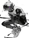  1boy absurdres arlan_(honkai:_star_rail) artist_name closed_mouth doveop earrings expressionless full_body gloves greyscale hair_between_eyes highres honkai:_star_rail honkai_(series) jewelry looking_at_viewer male_focus monochrome purple_eyes shoes short_ponytail sidelocks simple_background sketch solo spot_color white_background 