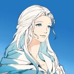  1girl blue_background blue_eyes capelet collarbone final_fantasy final_fantasy_xiv half_updo highres hood hood_down hooded_capelet long_hair looking_ahead portrait simple_background smile solo venat_(ff14) white_capelet white_hair yooonggun 