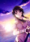  1girl belt black_hair china_dress chinese_clothes cloud dawn dress fire_emblem fire_emblem:_genealogy_of_the_holy_war gloves gradient_sky hisame_(yumemaboroshi) holding holding_sword holding_weapon larcei_(fire_emblem) light_frown looking_at_viewer morning outdoors purple_tunic sheath sheathed sidelocks sky solo sun sunrise sword tunic weapon 